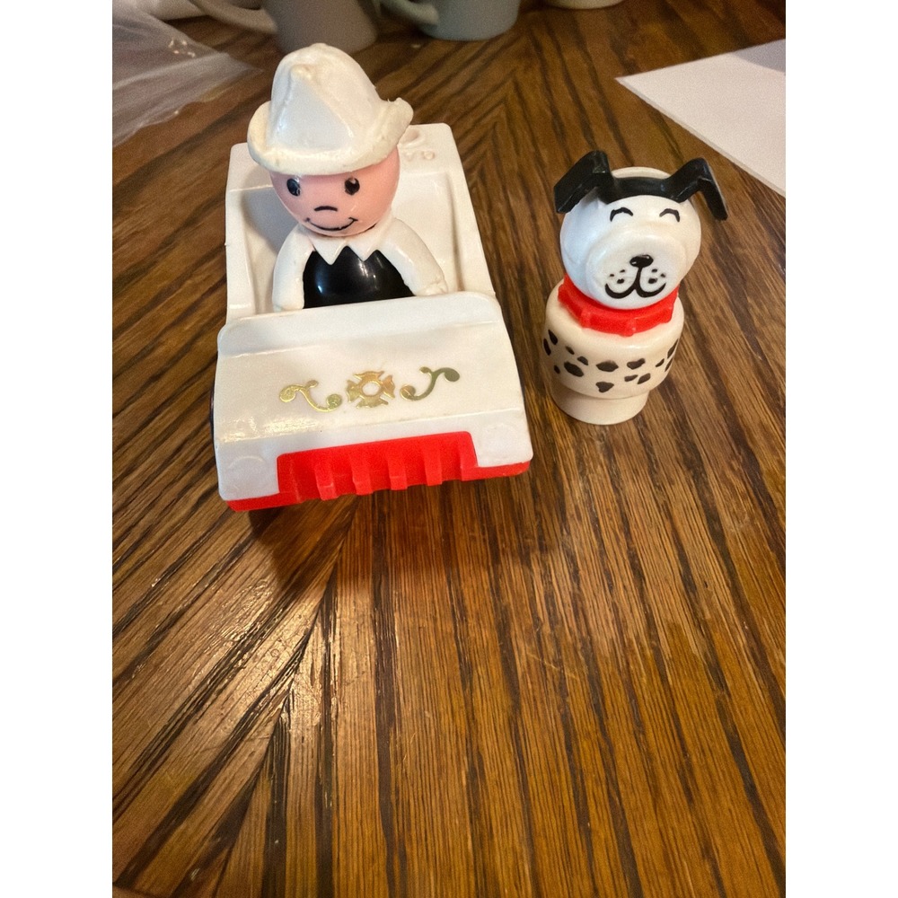 Vintage Fisher Price Little People Fire Truck Fireman and Dalmatian Dog Set